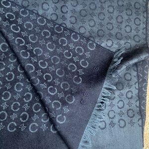 Vintage Céline Logo Cashmere Scarf Shawl Unisex Grey/Blue